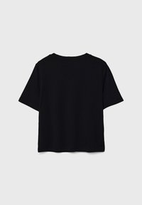 Jednostavna crna majica kratkih rukava s okruglim izrezom, prikazana s leđa na svijetlosivoj pozadini.