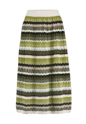 Gebreide rok tot op de knie met horizontale strepen in groen, wit, zwart, roze en olijfkleuren, voorzien van een gestructureerd kanten patroon en een witte tailleband.