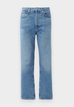 Light blue denim jeans with a straight leg design, high waist, five pockets, and copper hardware accents. Smooth texture with a faded finish.