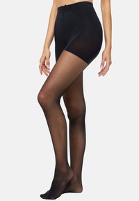 Schwarze transparente Strumpfhosen mit glatter Oberfläche, hohem Bund und einem leichten, dehnbaren Stoff. Fußdesign reicht bis zum Knöchel.