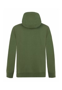 Oliivinvihreä pitkähihaisen hupullinen paita, yksivärinen takaosa, resorireunukset hihoissa ja helmassa, esitettynä tasaisena valkoisella taustalla.