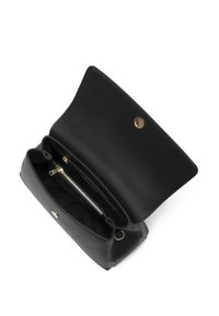 Black leather handbag with a gold button closure, featuring a main compartment and an interior zipped pocket. Smooth texture, minimal design.