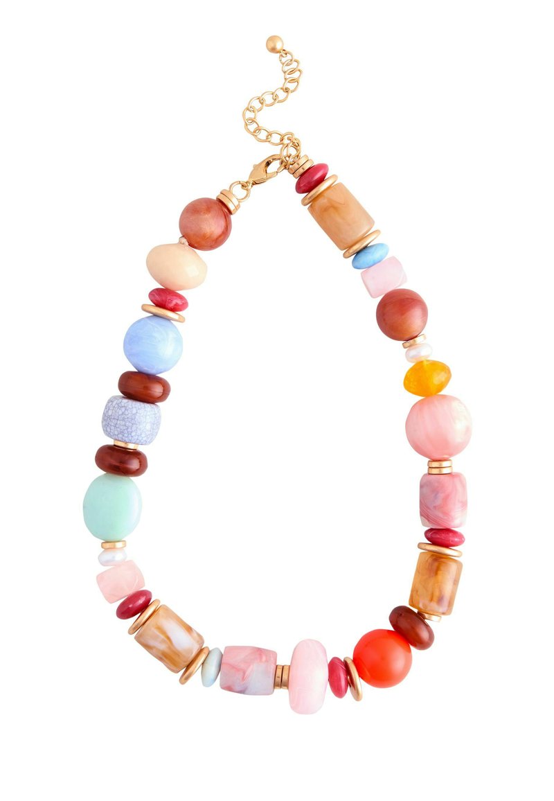 Bunte Perlenkette mit verschiedenen Formen und Größen von Perlen in Pink, Rot, Blau, Orange und Creme, akzentuiert mit goldfarbenen Hardware-Details.