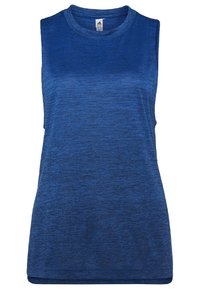 Modrá bezrukávová sportovní top s melírovanou texturou. Vyrobeno z lehkého materiálu, má kulatý výstřih a volný střih.