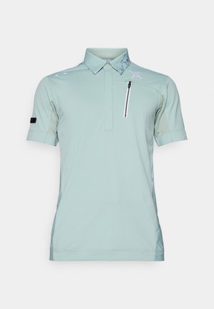 Lichtgroene polo met een ritszak, gestreepte kraag, korte mouwen en logo op de schouder, gemaakt van ademend materiaal.