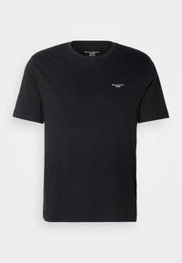 Zwarte t-shirt met korte mouwen van katoen, met een ronde hals en een klein wit logo op de linkerborst. Eenvoudig, klassiek ontwerp.