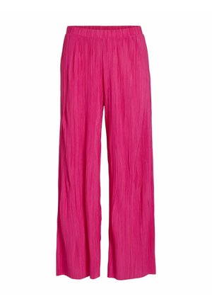 Svetlo ružové, široké skladané nohavice s elastickým pásom, navrhnuté pre pohodlné nosenie.