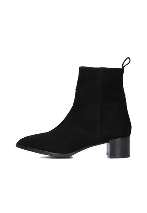 Black suede ankle boot with a pointed toe and a low block heel. Features a pull tab at the back and minimal stitching details on the sides.