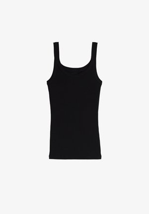 Schwarzes, ärmelloses, geripptes Tanktop mit breiten Trägern und einem runden Ausschnitt vor weißem Hintergrund.