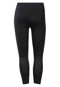 Czarne legginsy o dopasowanym fasonie, wykonane z elastycznego materiału. Charakterystyczne siateczkowe panele na dolnej części nóg dodają tekstury i wentylacji.