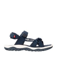 Dunkelblaue Sportsandale mit verstellbaren Riemen, strukturiertem Fußbett und weißer Außensohle. Mit einem Logo auf dem Riemen und einer strapazierfähigen Gummisohle.