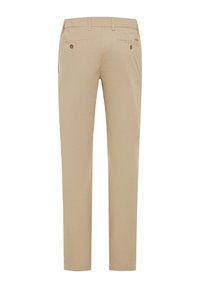 Beige cotton trousers with a straight leg design, featuring a buttoned waistband, two back pockets, and a smooth texture.
