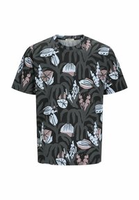 Tricou cu mâneci scurte, dintr-un material închis la culoare, cu un model floral în nuanțe de albastru deschis, roz și alb. Decolteu rotund, croială lejeră, textură moale.