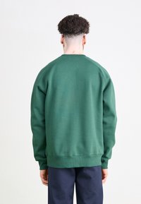 Grüner Baumwoll-Sweatshirt mit rundem Halsausschnitt und langen Ärmeln; weiche Textur und gerippte Bündchen- sowie Saumdetails.