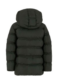 Veste d'hiver noire rembourrée avec un matelassage horizontal et capuche intégrée, vue de dos.