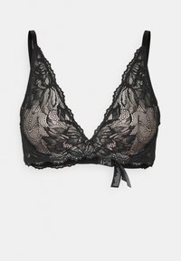 Black lace bralette with scalloped edges, triangle cups, adjustable straps, and a central bow detail. Sheer fabric and floral pattern.