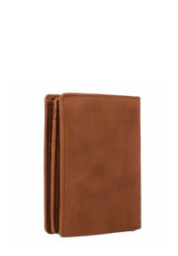 Portafoglio in pelle marrone con una superficie liscia, dotato di più slot per carte e un design minimalista. Forma piegata con cuciture visibili.