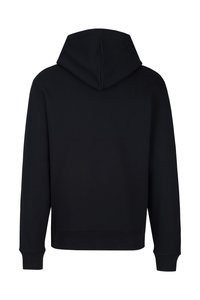 Zwarte hoodie met een capuchon, lange mouwen, ribgebreide manchetten en zoom, en een gladde, textuurstof. Het ontwerp is effen zonder patronen.