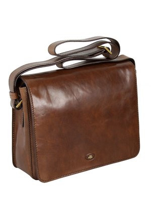 Borsa a tracolla in pelle marrone con forma rettangolare, chiusura a pattina e tracolla regolabile. Texture liscia e accentuazioni hardware minime.