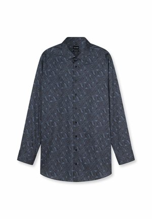 Chemise à manches longues avec motif paisley bleu foncé et gris, col larges et boutons noirs, posée à plat sur fond blanc.