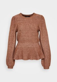 Pull en laine marron avec manches longues bouffantes et ourlet à basque évasé.