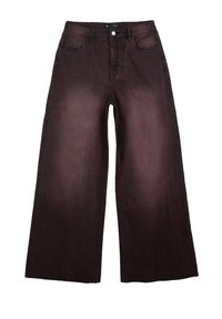 Spodnie dżinsowe z wysokim stanem i szerokimi nogawkami w ciemnym brązie, zapinane z przodu na guzik i zamek błyskawiczny, z pięcioma kieszeniami.