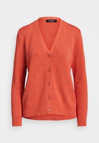 Korallorange cardigan med V-ringning, knappstängning, ribbade muddar och nederkant. Har ett präglat mönster av "RL" genom hela tyget.