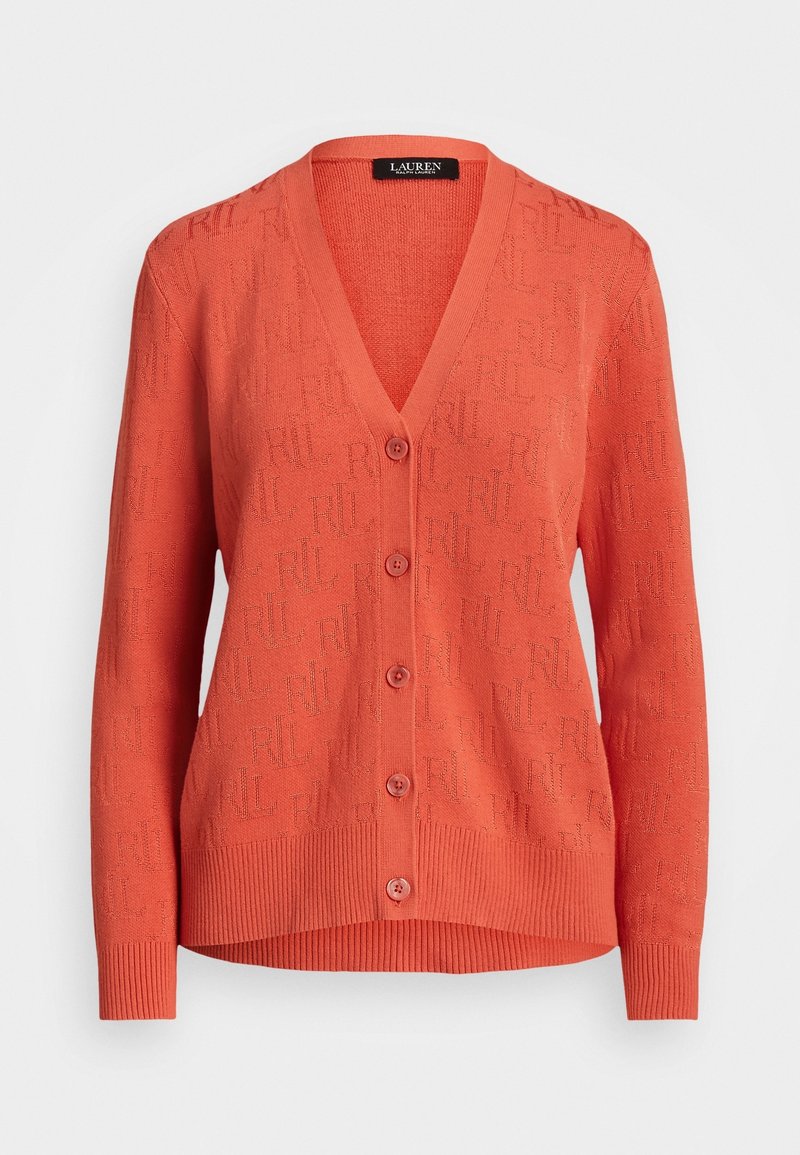 Korallorange cardigan med V-ringning, knappstängning, ribbade muddar och nederkant. Har ett präglat mönster av "RL" genom hela tyget.