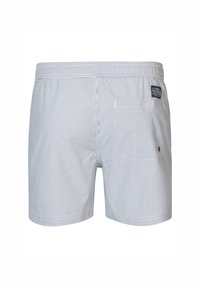 Bañador de rayas azules y blancas con cintura elástica, bolsillo trasero y parche de logo cerca de la cintura. Material de mezcla de algodón, corte corto.