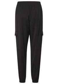 Black cargo pants with an elastic waistband, tapered legs, and side pockets. Made of lightweight fabric with a smooth texture.