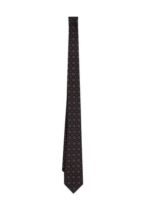 Corbata negra estrecha con un patrón repetitivo de pequeños motivos florales rojos y azules distribuidos uniformemente por toda la tela.