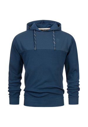 Blå hettegenser med teksturert kropp, glatte ermer og en kontrasterende del. Har justerbare snorer og en logo.