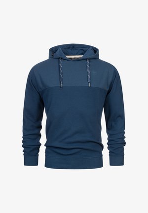 Blauer Hoodie mit einem strukturierten Körper, glatten Ärmeln und einem kontrastierenden Abschnitt. Verfügt über verstellbare Kordelzüge und ein Logo.