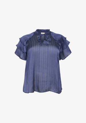 Kratka bluzica s kratkimi rokavi v temno modri barvi z navpičnimi črtami, z naborki na rokavih in podrobnostjo s trakcem okoli vratu. Narejena iz svilnatega, lahkega materiala.