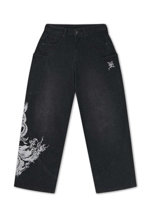 Jeans neri a gamba larga con grandi tasche laterali, stampa bianca di drago sulla gamba sinistra e dettaglio del logo bianco sulla tasca destra.