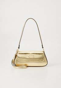 Gold metallic handbag with a flap closure, curved shape, and a detachable strap. Features logo detail and contrasting black trim.