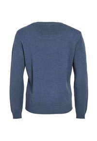 Modra pletena jopica s okroglim izrezom, rebrastimi zapestji in robom, ki ima gladko, rahlo teksturirano površino. Zadnji pogled.