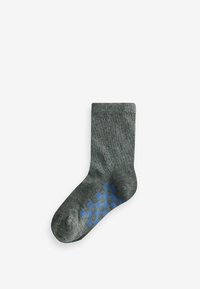 Dunkelgraue Socke mit einem gerippten Bündchen und einem blauen Karomuster an der Zehe. Aus weichem, strukturiertem Stoff gefertigt.