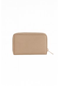 Portafoglio rettangolare beige con cerniera, dalla texture liscia e tirante dorato, isolato su sfondo bianco.