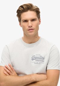 Lys grå kortærmet t-shirt med blå trykt logo og tekst på venstre side. Materialet ser blødt ud; stoftexturen er glat.