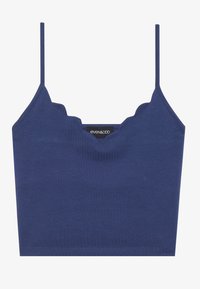 Marineblauwe croptop met gegolfde halslijn en dunne bandjes. Gemaakt van een soepele, rekbare stof. Het etiket aan de binnenkant zegt "even&odd."