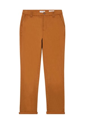 Pantalons chino dans une couleur orange brûlé chaud, fabriqués en tissu lisse, dotés d'une fermeture à bouton, de poches avant et de manches retroussées.