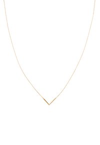 Goldfarbene Halskette mit einer dünnen Kette und einem V-förmigen Anhänger. Elegantes Design mit einer glatten, polierten Oberfläche und minimaler Detailgestaltung.