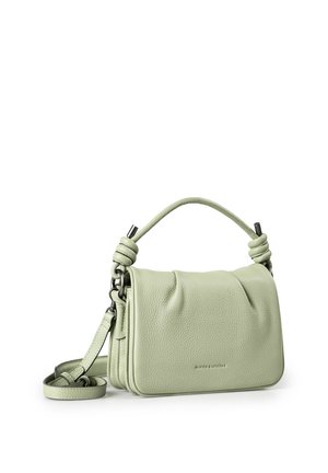 Lichtgroene lederen handtas met geknoopte handgreep, afneembare schouderriem en subtiel merkembleem op de voorflap.
