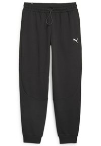 Pantalones de chándal negros con cintura ajustable, piernas ajustadas y bolsillos laterales. Presenta un logo de Puma en blanco en el muslo izquierdo.