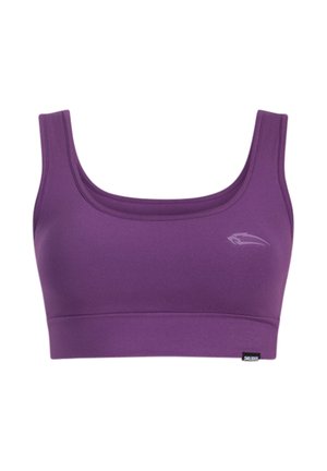 Paarse sportbeha van rekbare, gladde stof. Voorzien van brede schouderbanden, een afgeronde halslijn en een klein logodetail aan de linkerkant.