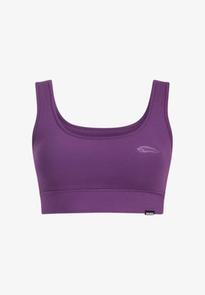 Paarse sportbeha van rekbare, gladde stof. Voorzien van brede schouderbanden, een afgeronde halslijn en een klein logodetail aan de linkerkant.