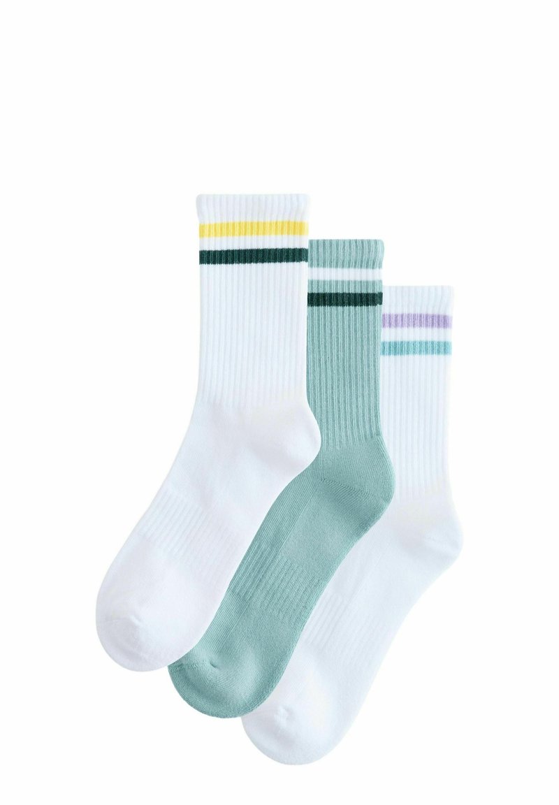 Tri par socks u mint zelenoj i bijeloj boji. Jedan par ima žute i zelene pruge; ostala dva imaju akcentne boje tirkizne i ljubičaste.