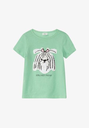 Miętowo-zielona dziecięca koszulka z cekinową twarzą psa i napisem "GIRLS BEST FRIEND" na przodzie.