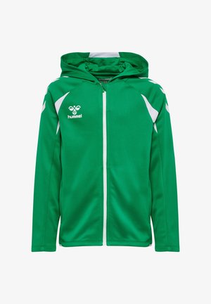 Zielona sportowa bluza z kapturem na zamek błyskawiczny, z białymi elementami, kapturem i logo hummel na piersi, prezentowana z przodu na białym tle.